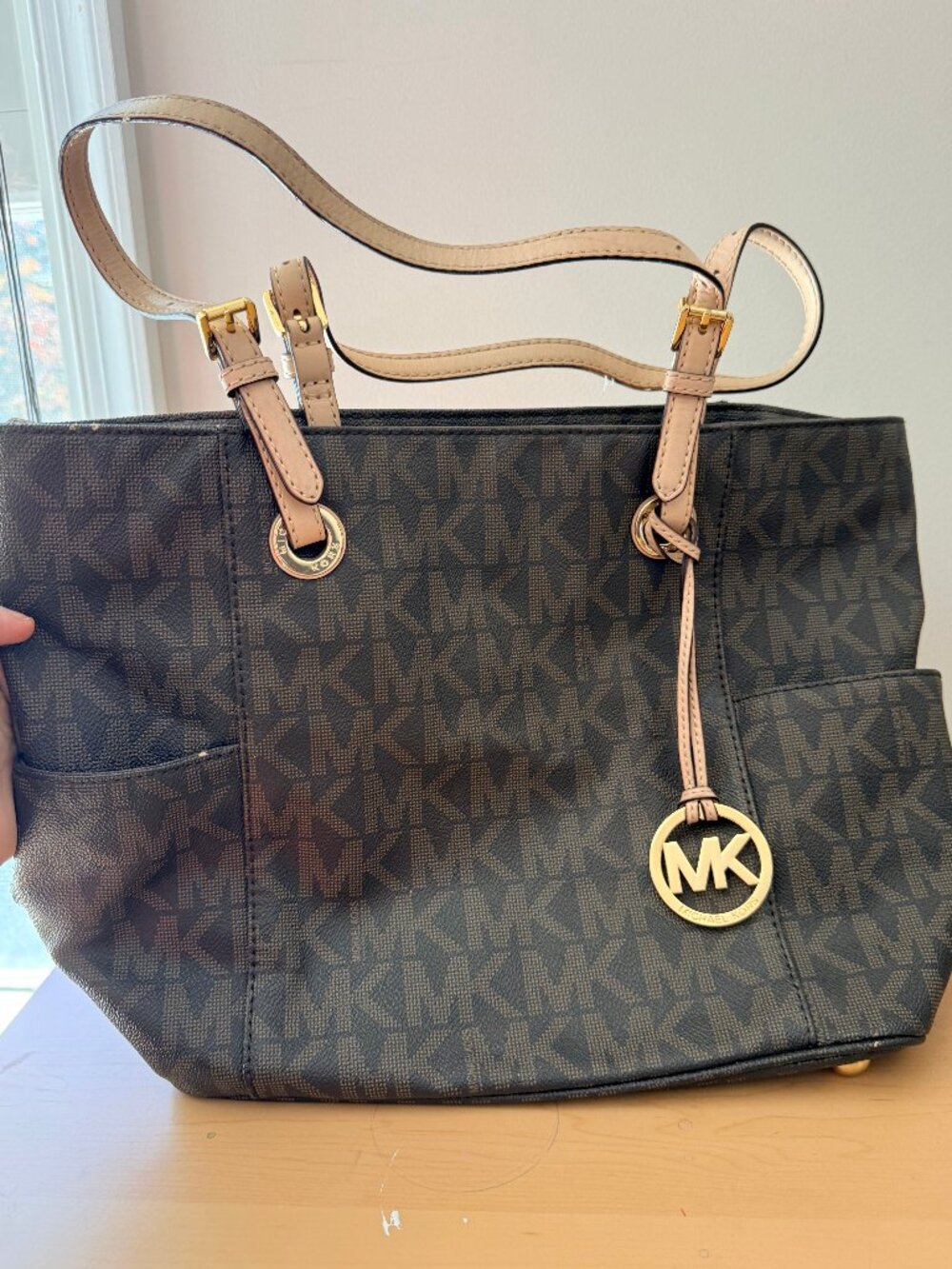 Michael Kors MK Signature Monogram Tote Tan Handles Gold Tone Hardware vintage